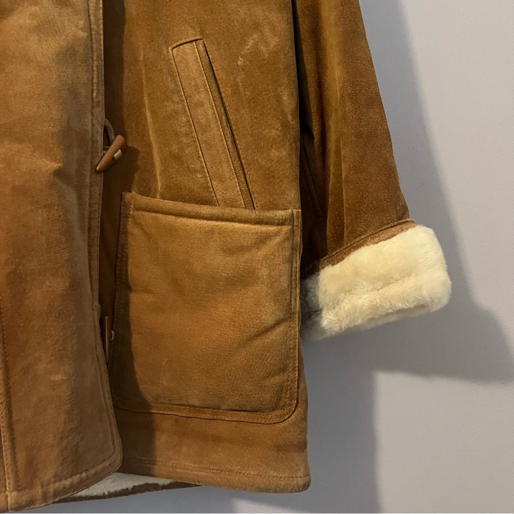 Vintage NY Jeans Cinnamon Brown Leather Coat Shearling Lining Front Toggles M - Picture 7 of 16